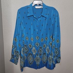 Blue Flowy Patterned Silk Blouse Size Large